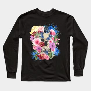 Skull With Flowers - Flowery Bloom Skull Art Long Sleeve T-Shirt